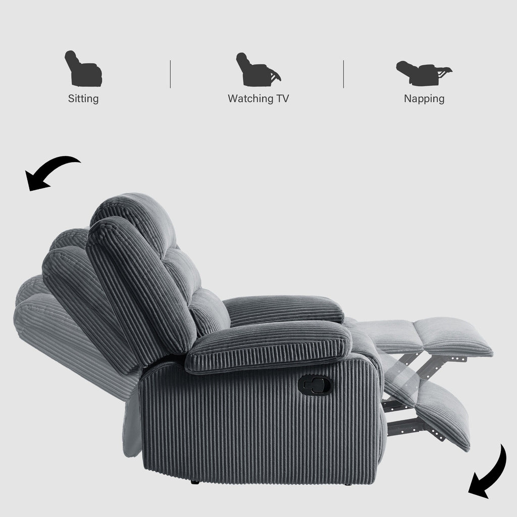 Lot de 2 fauteuils inclinables manuels modernes en velours côtelé, fauteuil d'appoint surdimensionné avec accoudoirs larges