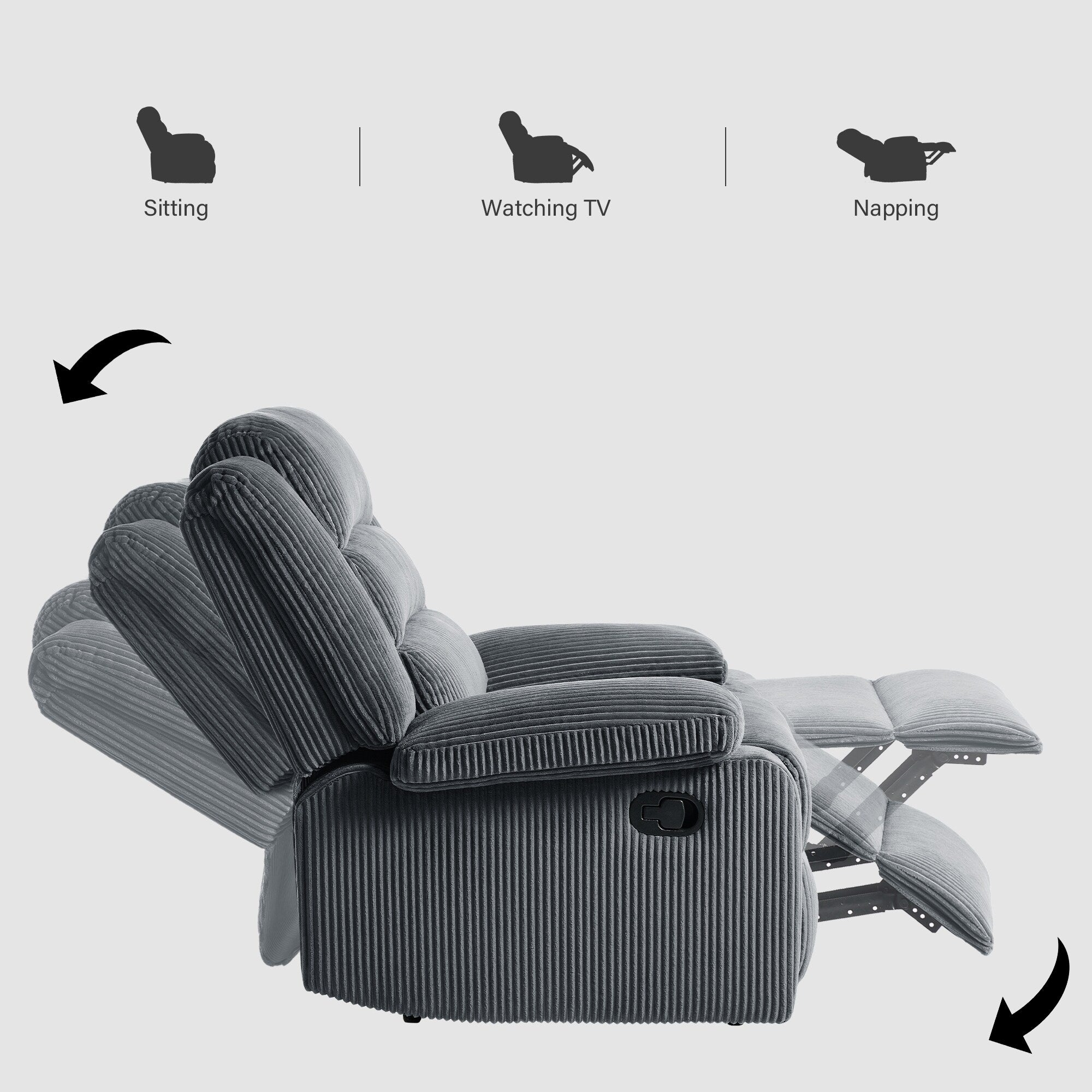Lot de 2 fauteuils inclinables manuels modernes en velours côtelé, fauteuil d'appoint surdimensionné avec accoudoirs larges