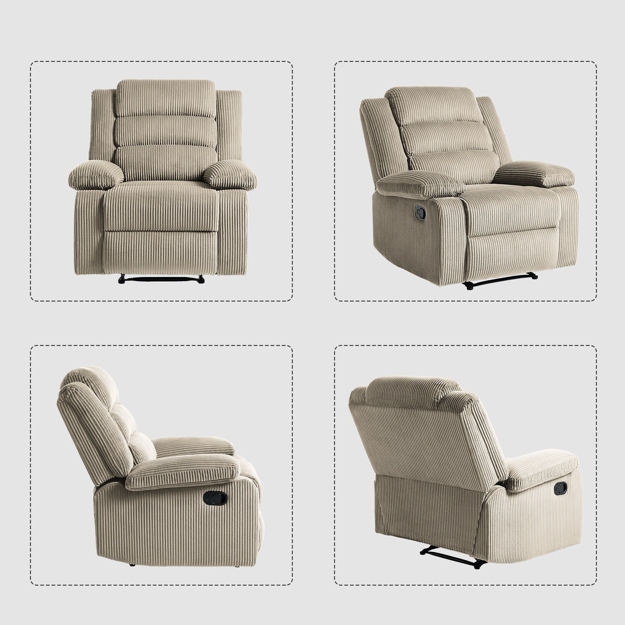 Lot de 2 fauteuils inclinables manuels modernes en velours côtelé, fauteuil d'appoint surdimensionné avec accoudoirs larges