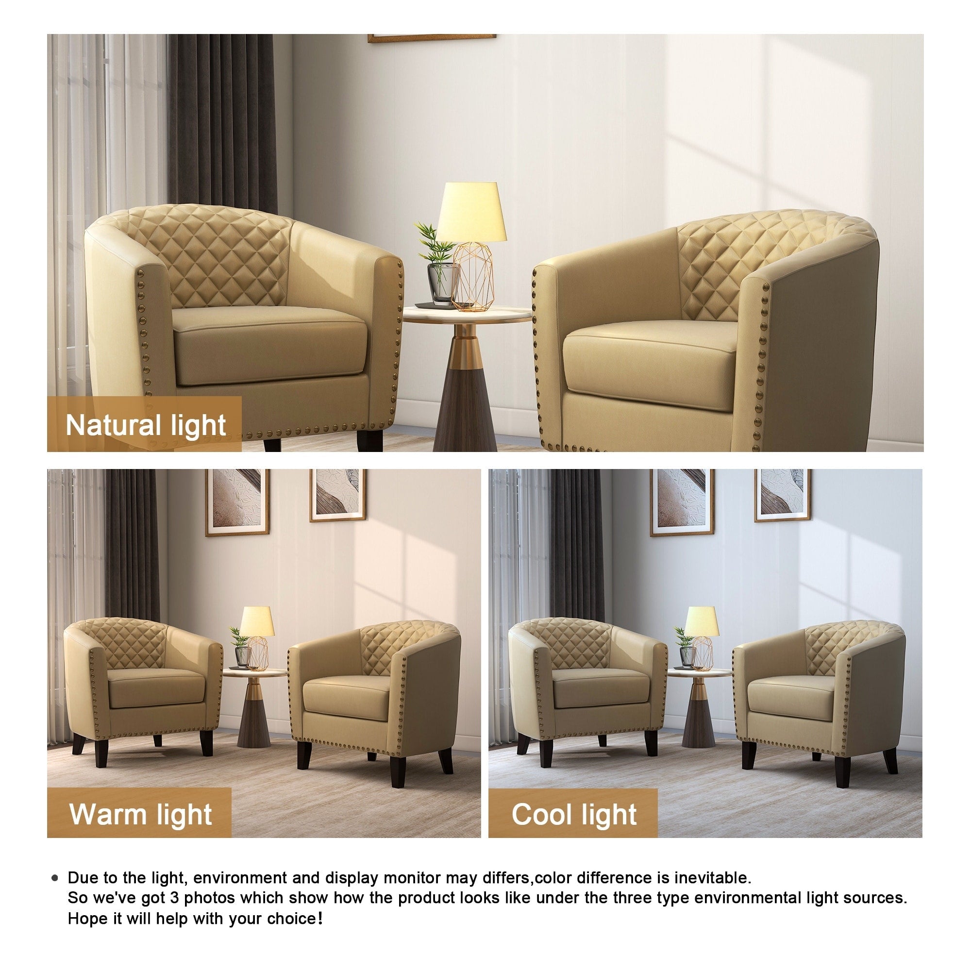 Lot de 2 chaises d'appoint tonneau en cuir vegan de 29 W avec garniture cloutée