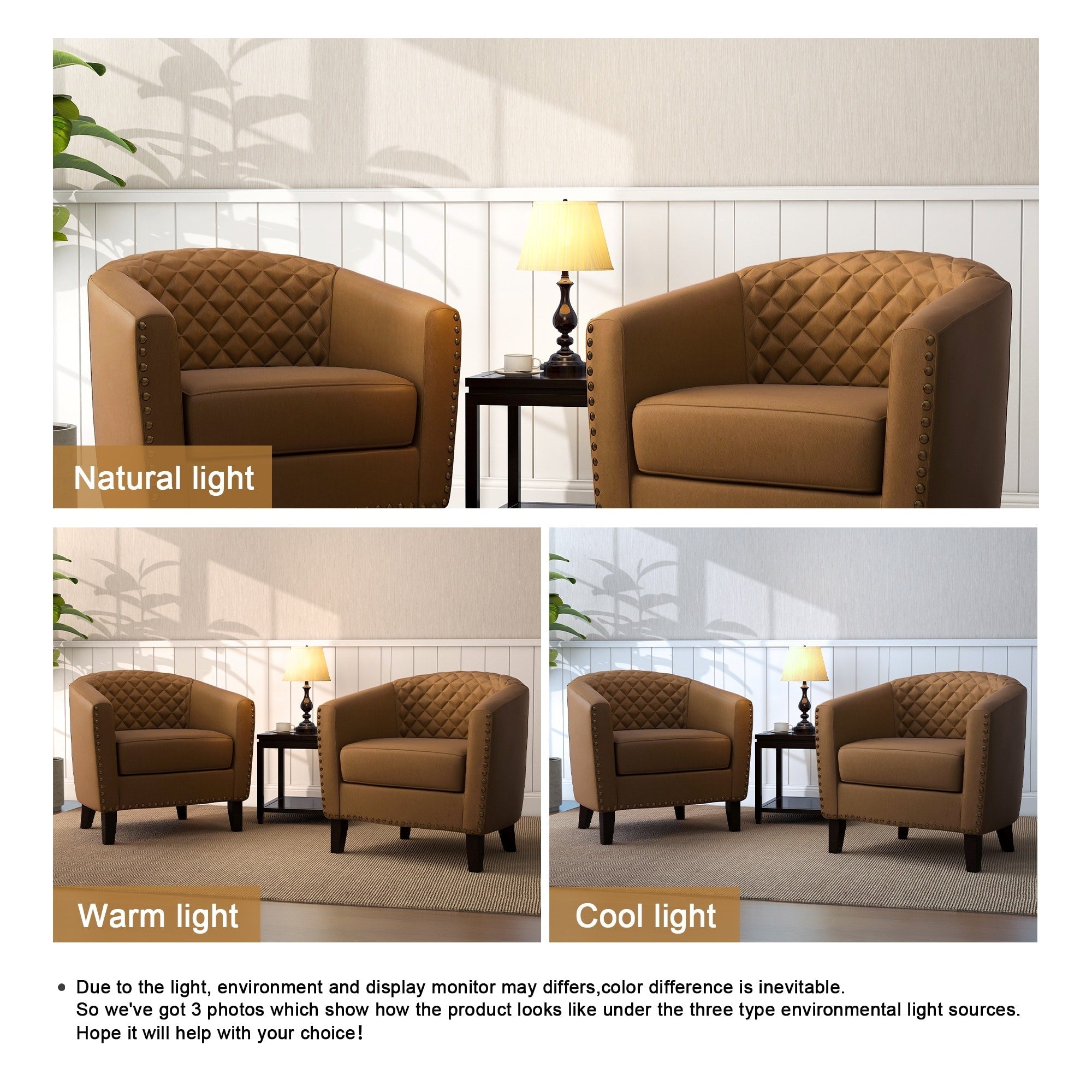Lot de 2 chaises d'appoint tonneau en cuir vegan de 29 W avec garniture cloutée