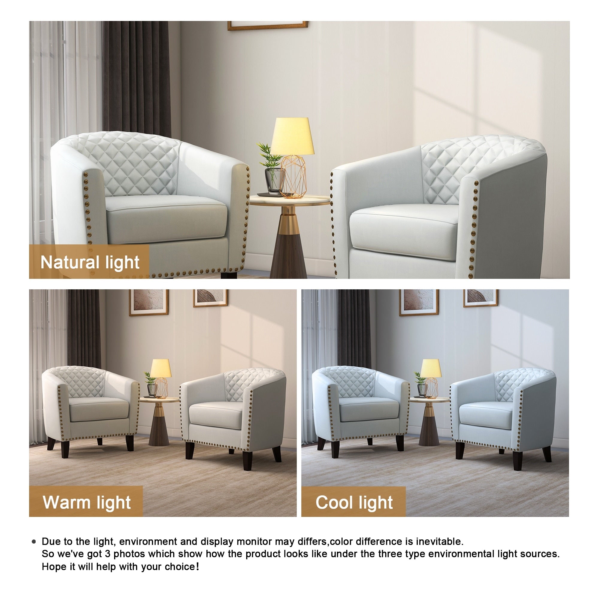 Lot de 2 chaises d'appoint tonneau en cuir vegan de 29 W avec garniture cloutée