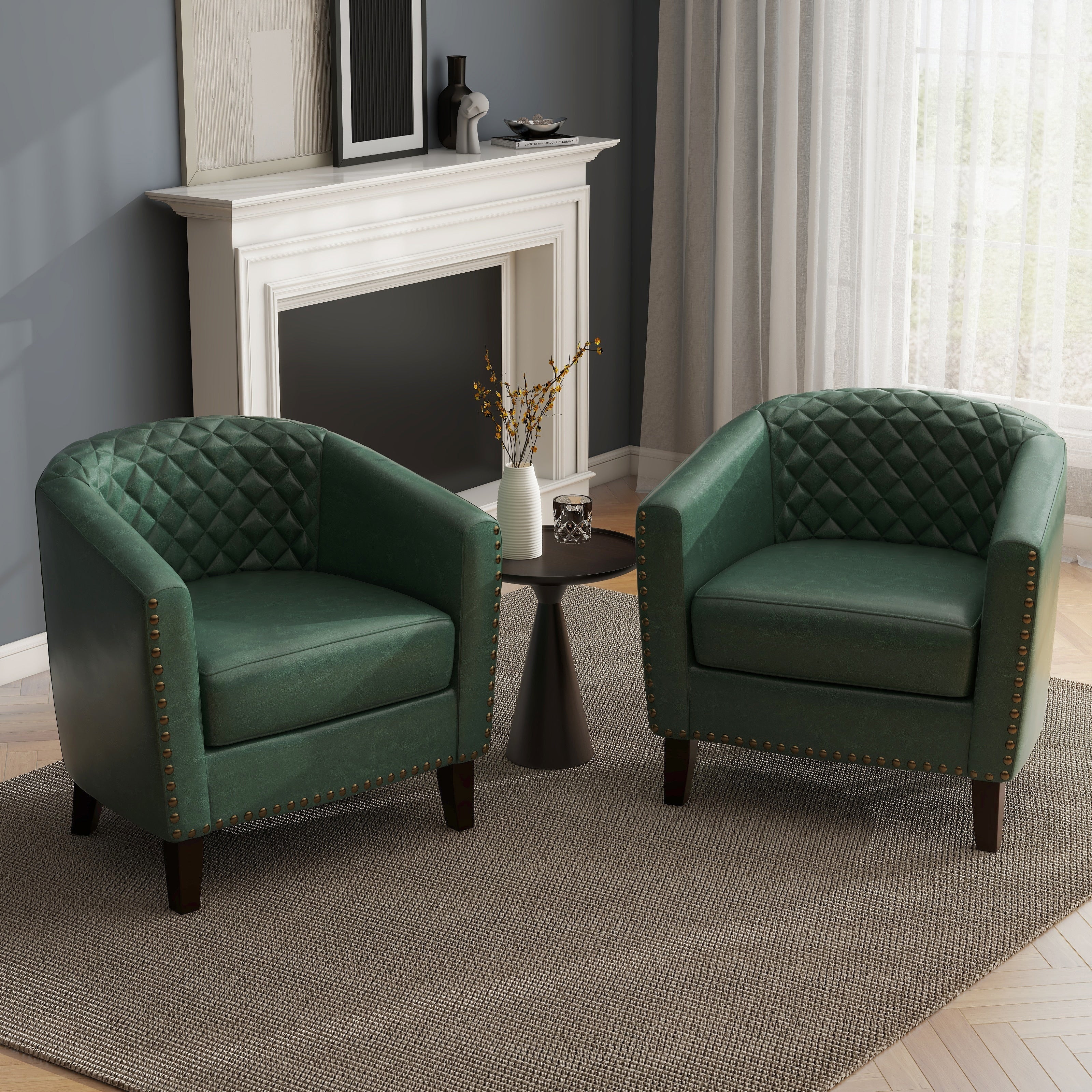 Lot de 2 chaises d'appoint tonneau en cuir vegan de 29 W avec garniture cloutée