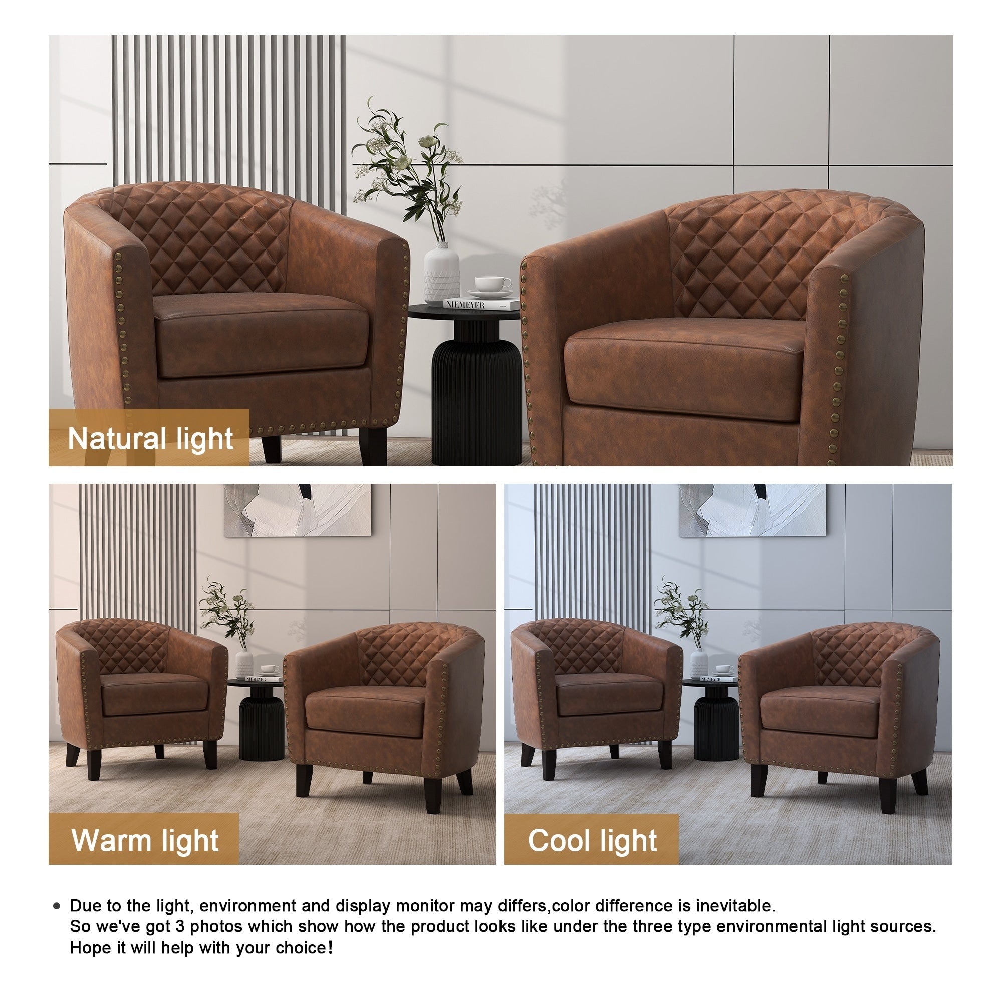Lot de 2 chaises d'appoint tonneau en cuir vegan de 29 W avec garniture cloutée
