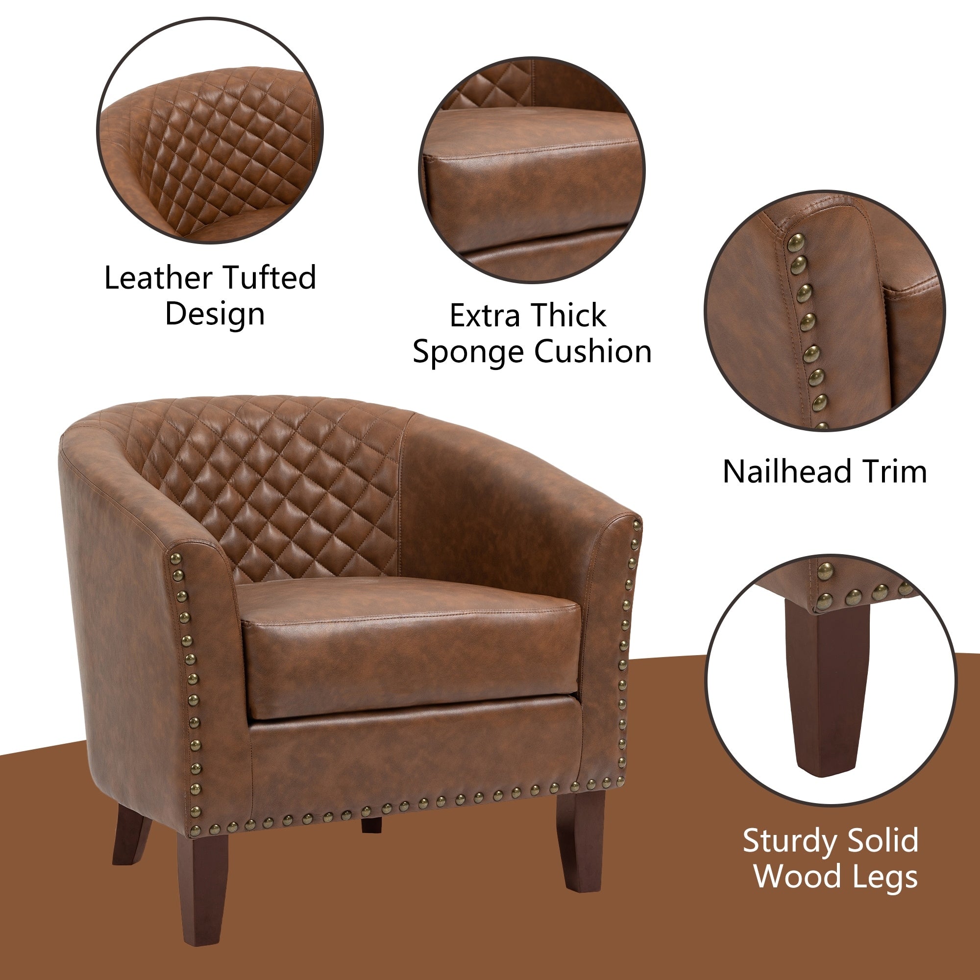 Lot de 2 chaises d'appoint tonneau en cuir vegan de 29 W avec garniture cloutée
