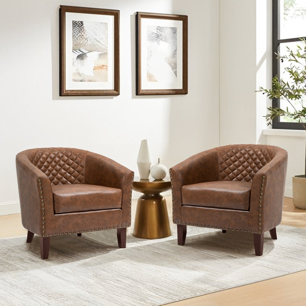 Lot de 2 chaises d'appoint tonneau en cuir vegan de 29 W avec garniture cloutée