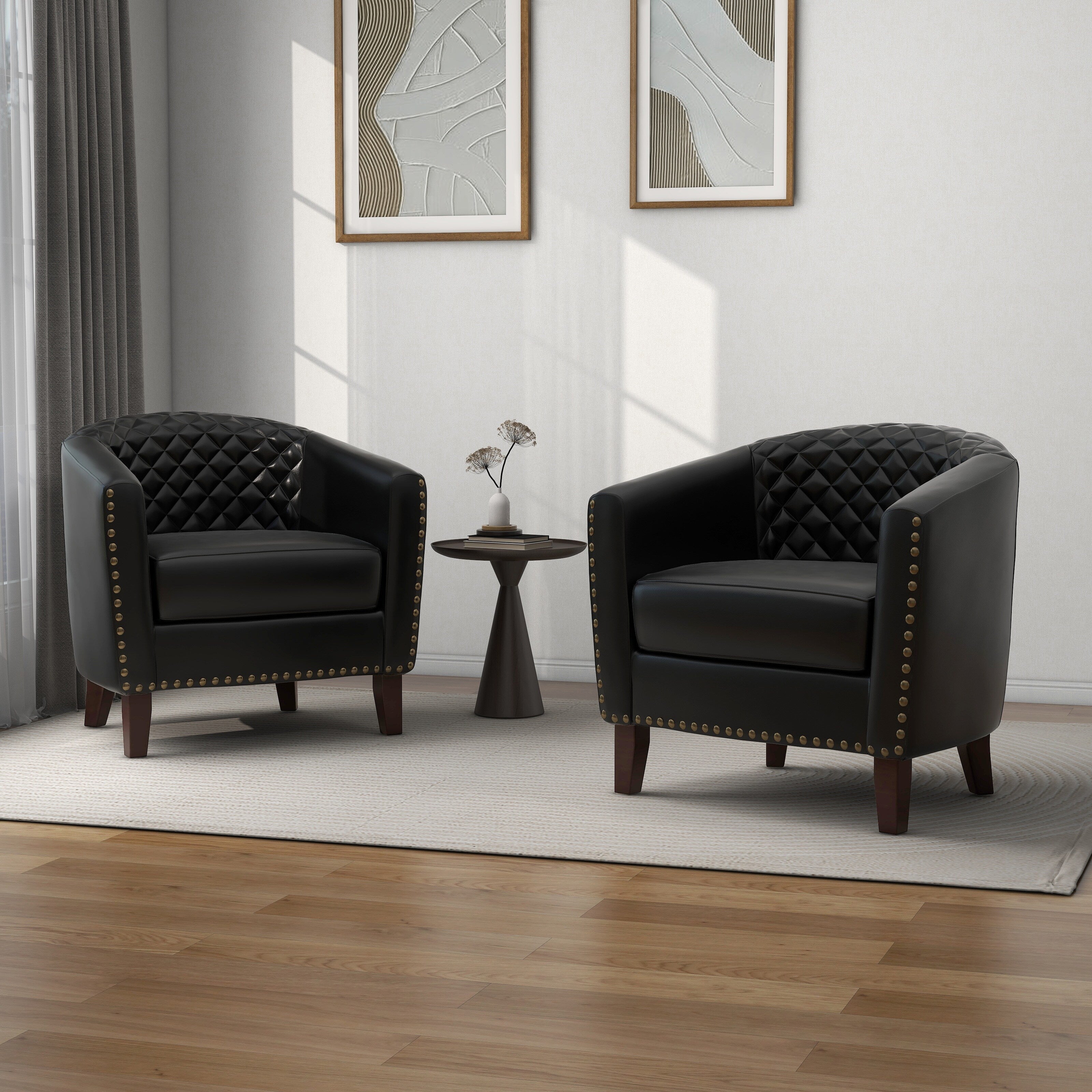 Lot de 2 chaises d'appoint tonneau en cuir vegan de 29 W avec garniture cloutée