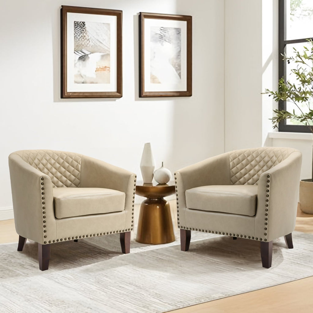 Lot de 2 chaises d'appoint tonneau en cuir vegan de 29 W avec garniture cloutée