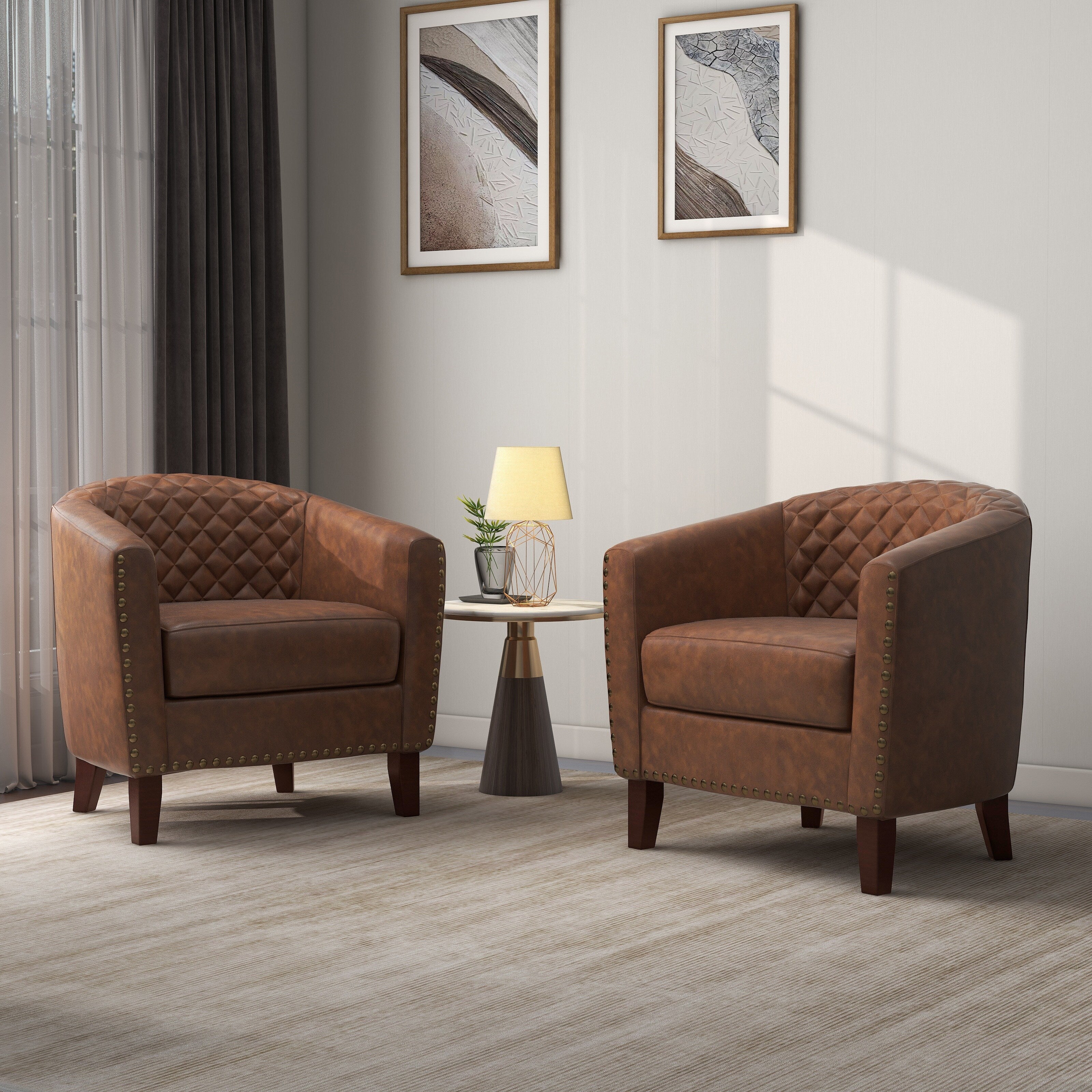 Lot de 2 chaises d'appoint tonneau en cuir vegan de 29 W avec garniture cloutée