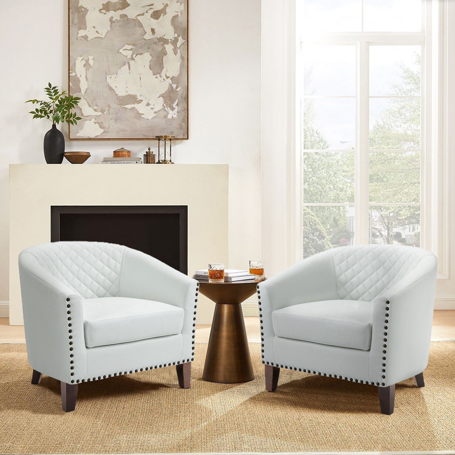 Lot de 2 chaises d'appoint tonneau en cuir vegan de 29 W avec garniture cloutée