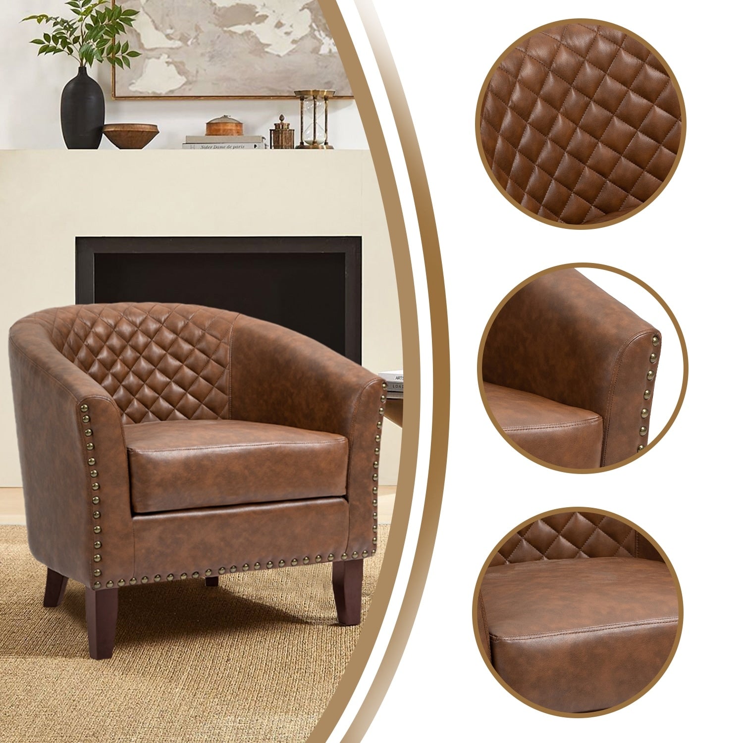 Lot de 2 chaises d'appoint tonneau en cuir vegan de 29 W avec garniture cloutée
