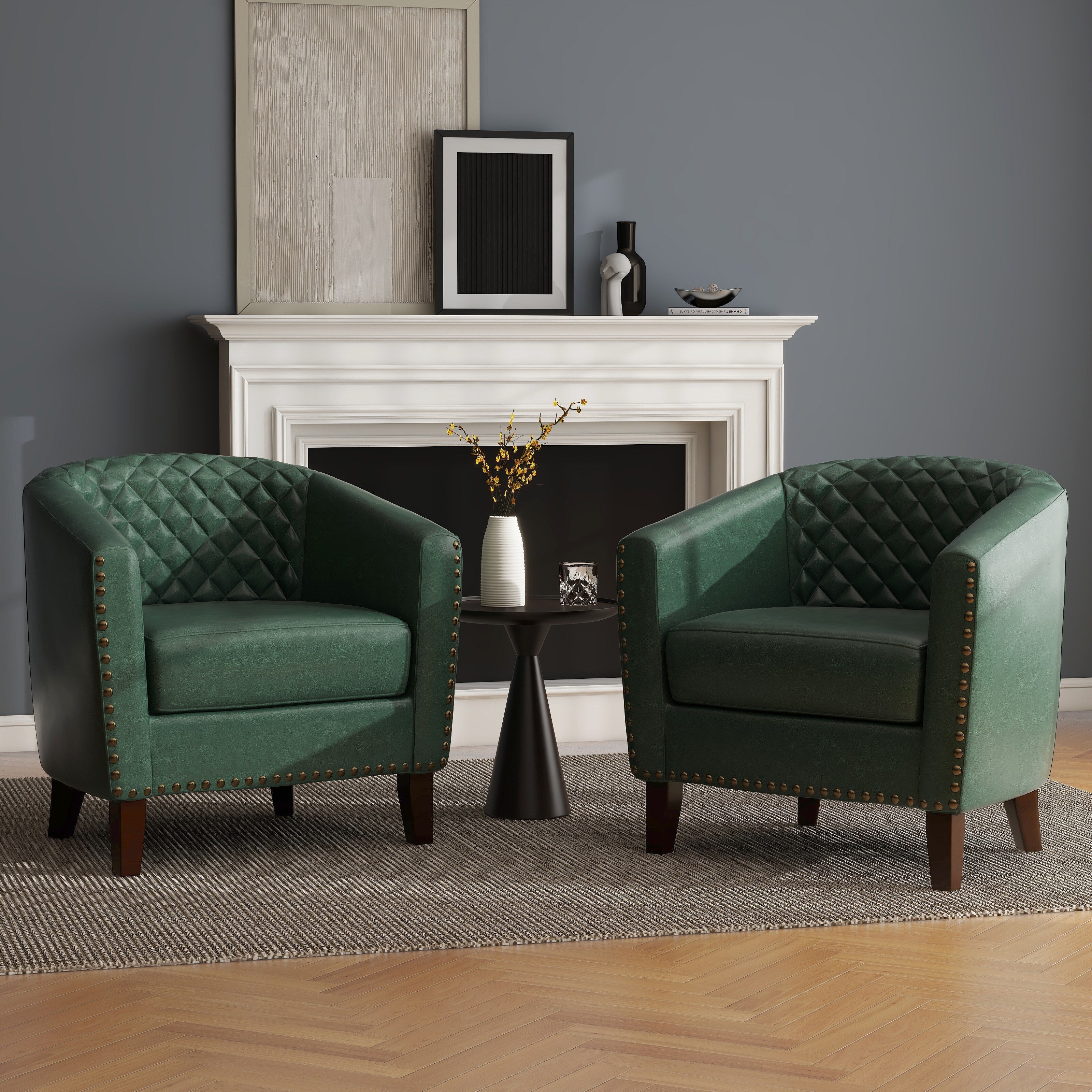 Lot de 2 chaises d'appoint tonneau en cuir vegan de 29 W avec garniture cloutée
