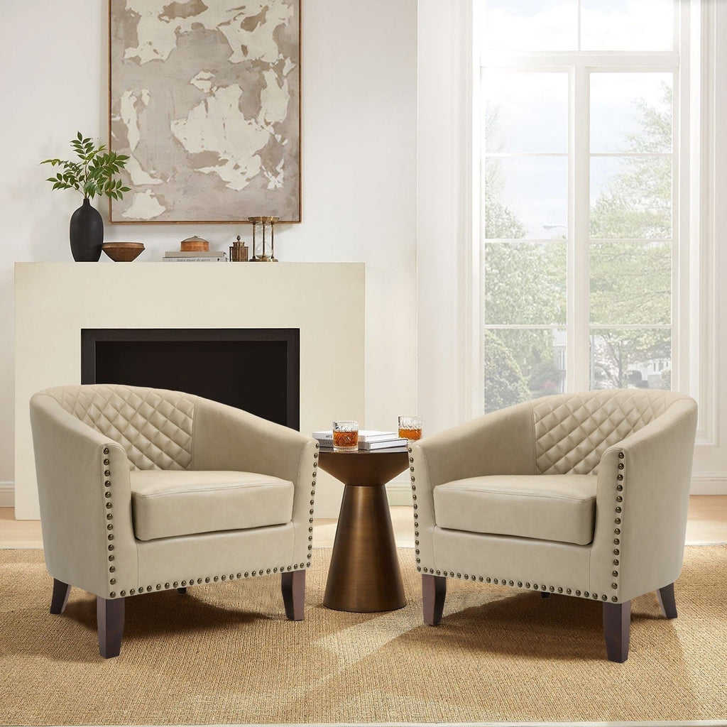 Lot de 2 chaises d'appoint tonneau en cuir vegan de 29 W avec garniture cloutée