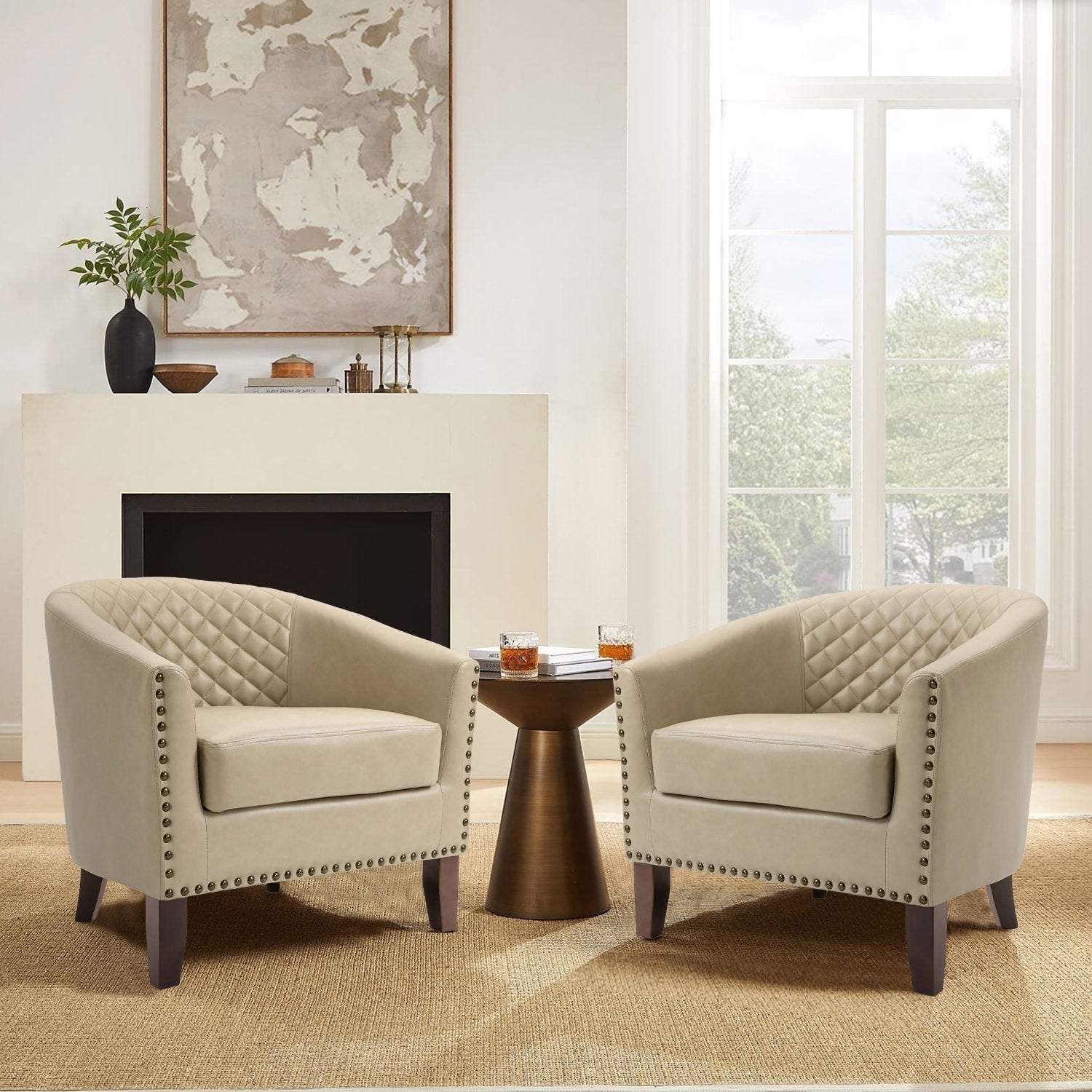 Lot de 2 chaises d'appoint tonneau en cuir vegan de 29 W avec garniture cloutée