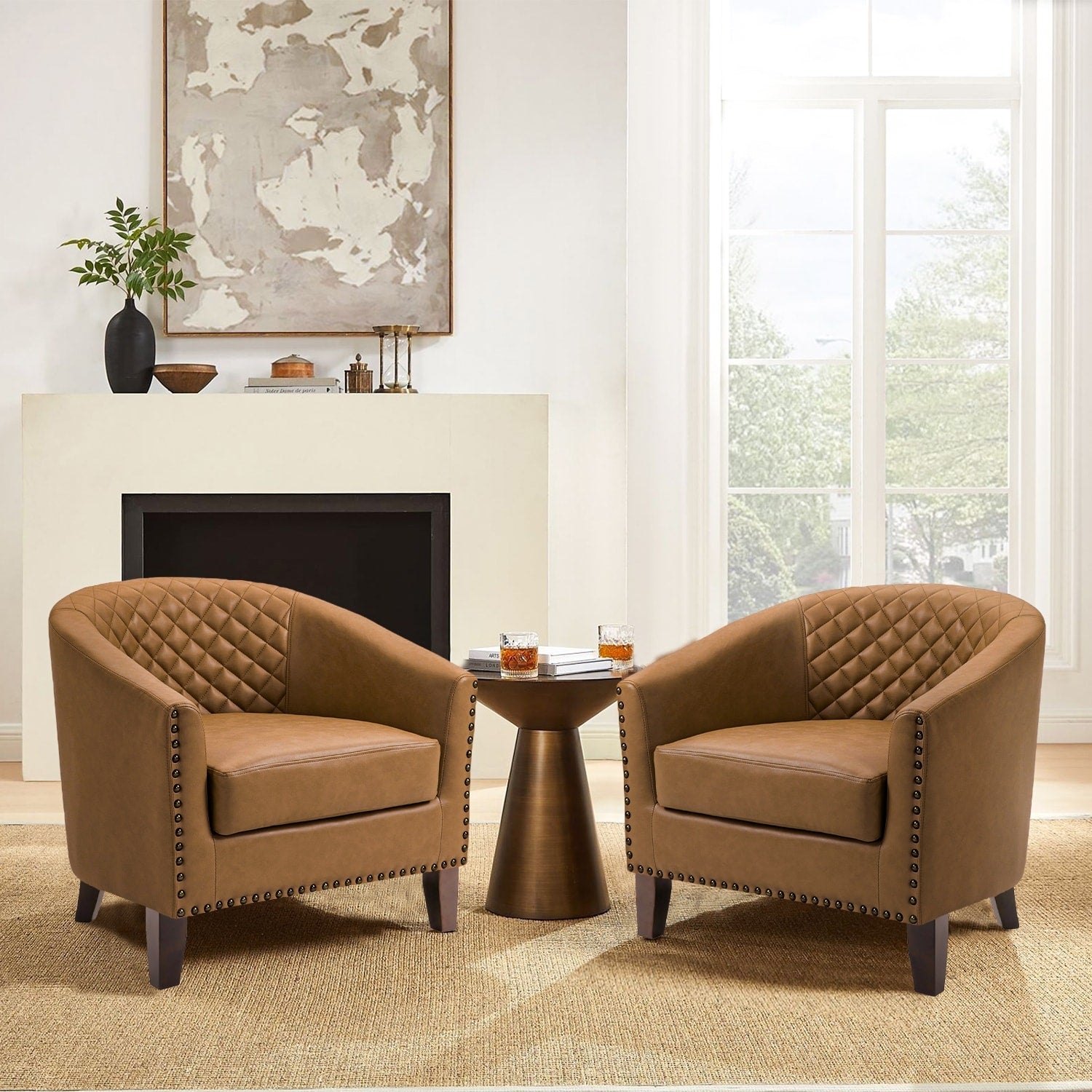 Lot de 2 chaises d'appoint tonneau en cuir vegan de 29 W avec garniture cloutée