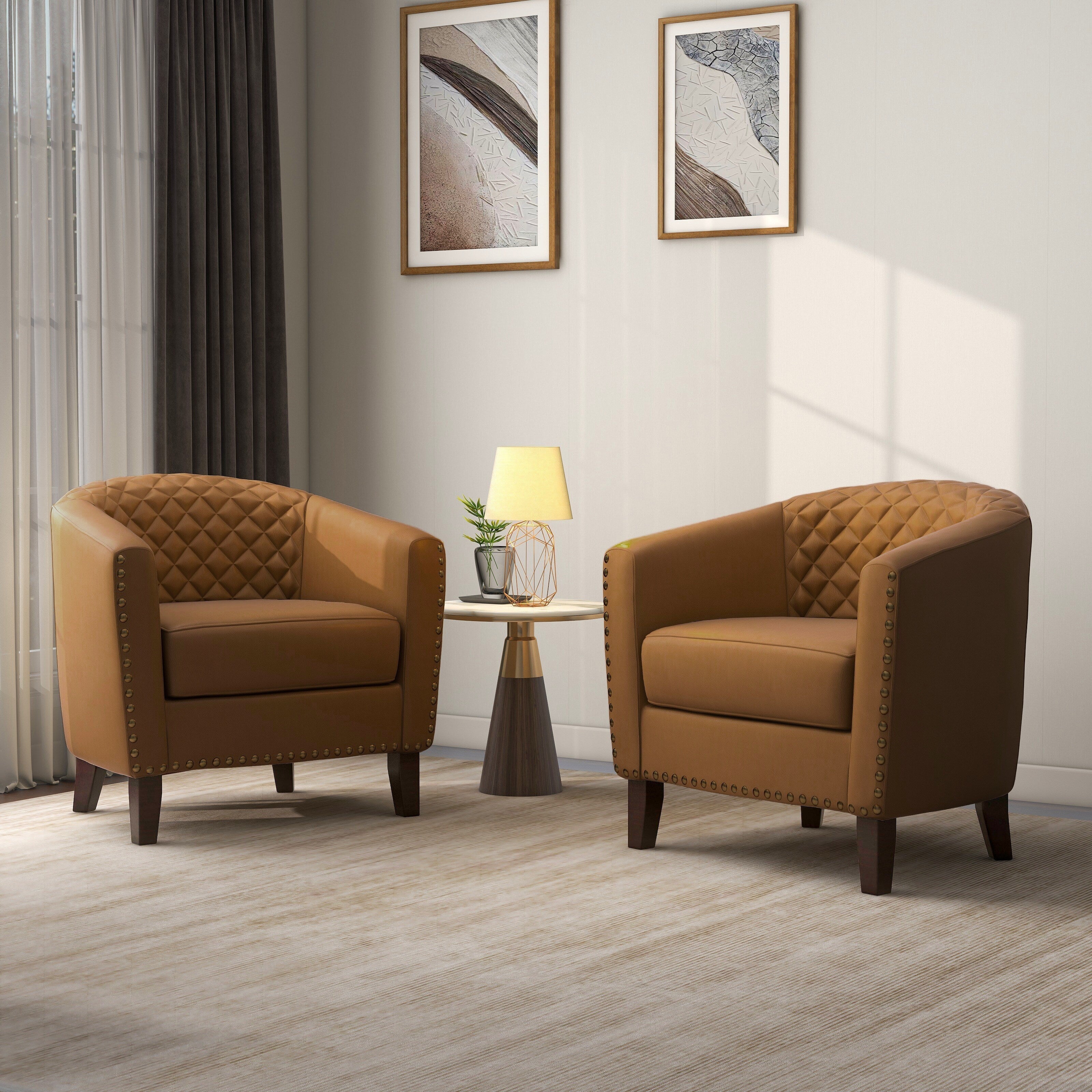 Lot de 2 chaises d'appoint tonneau en cuir vegan de 29 W avec garniture cloutée