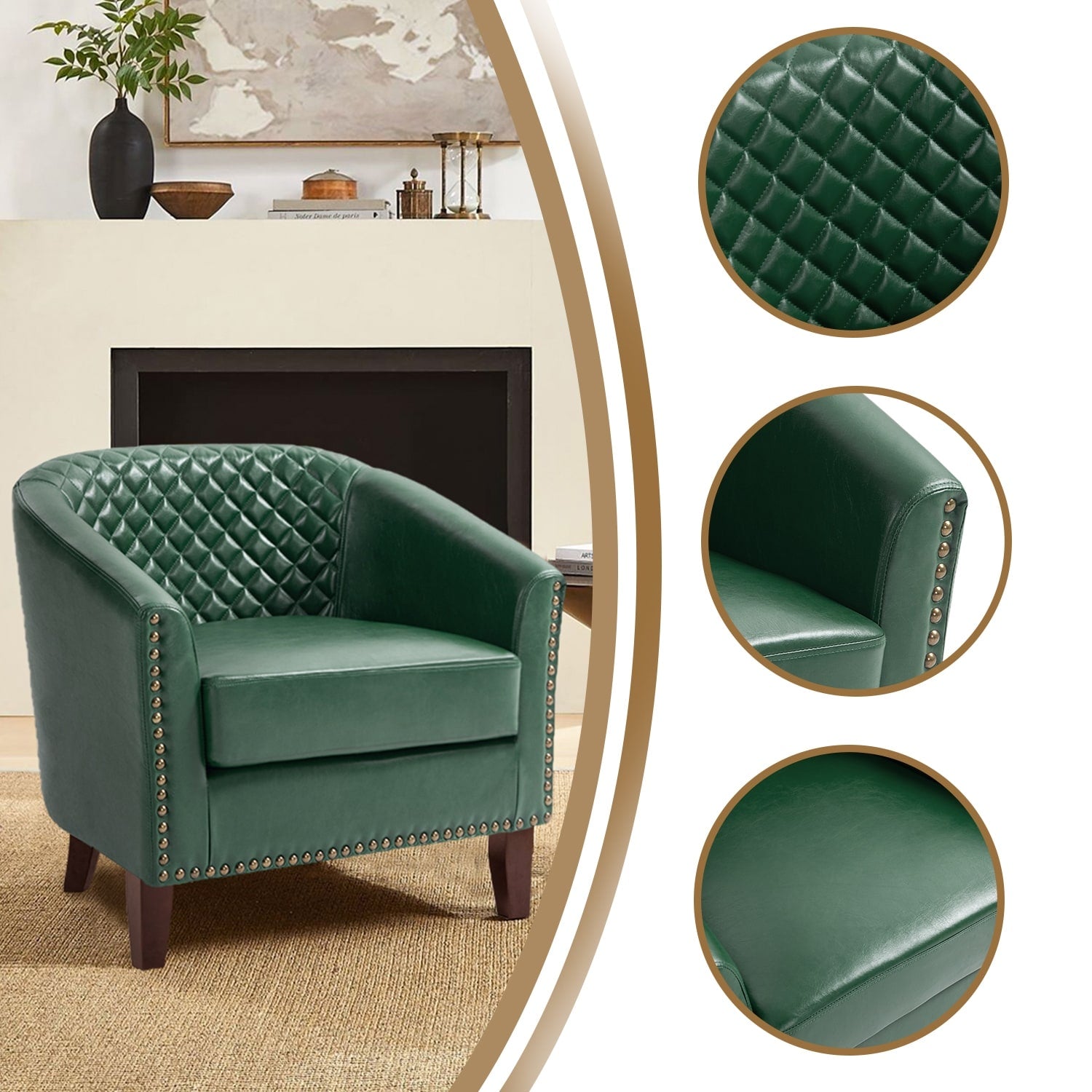 Lot de 2 chaises d'appoint tonneau en cuir vegan de 29 W avec garniture cloutée