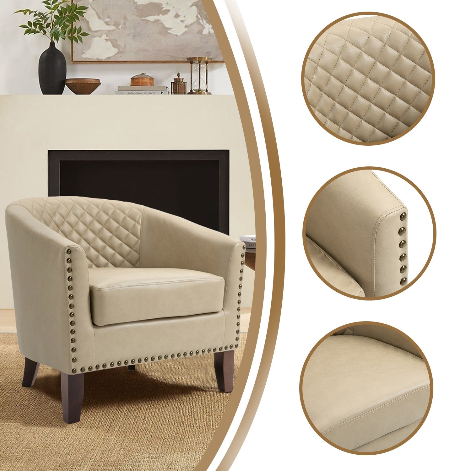 Lot de 2 chaises d'appoint tonneau en cuir vegan de 29 W avec garniture cloutée