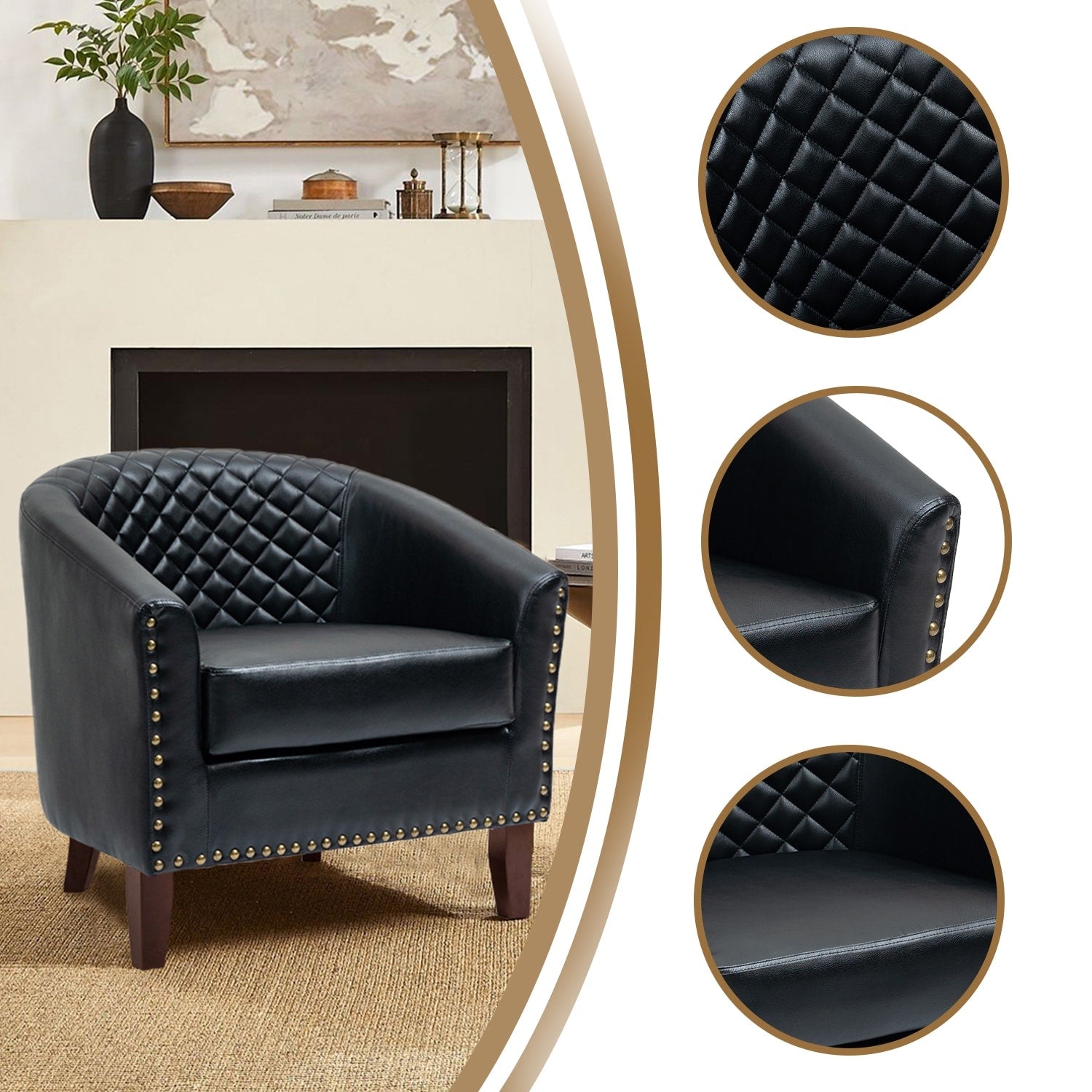 Lot de 2 chaises d'appoint tonneau en cuir vegan de 29 W avec garniture cloutée
