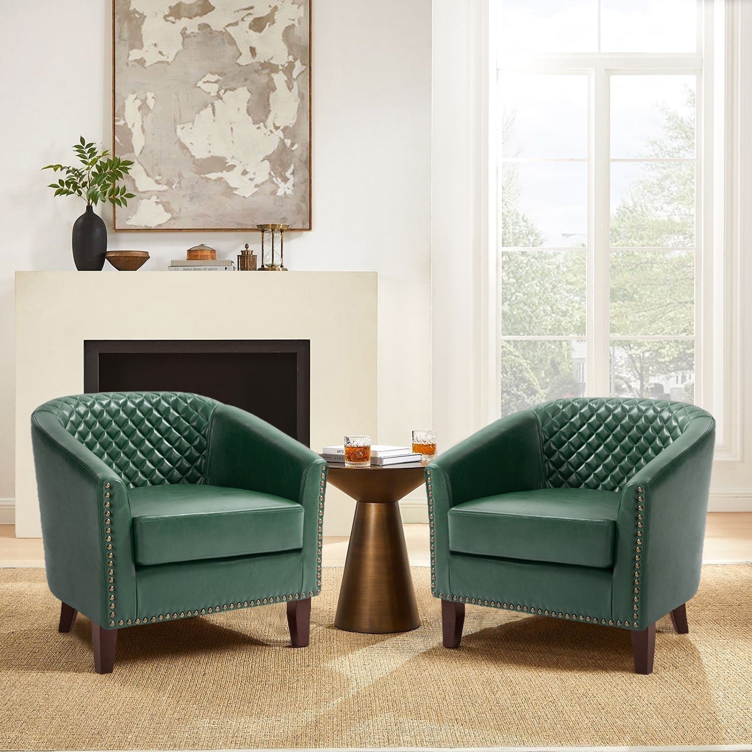 Lot de 2 chaises d'appoint tonneau en cuir vegan de 29 W avec garniture cloutée