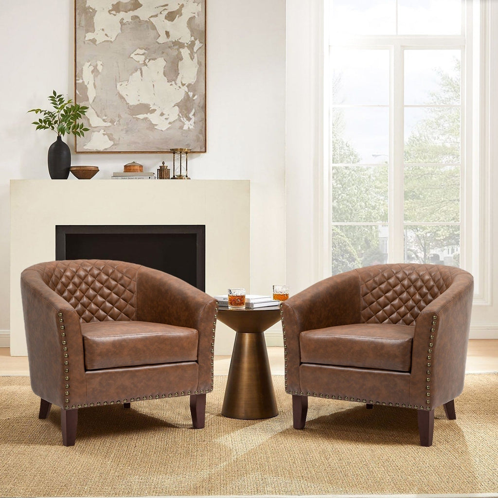Lot de 2 chaises d'appoint tonneau en cuir vegan de 29 W avec garniture cloutée