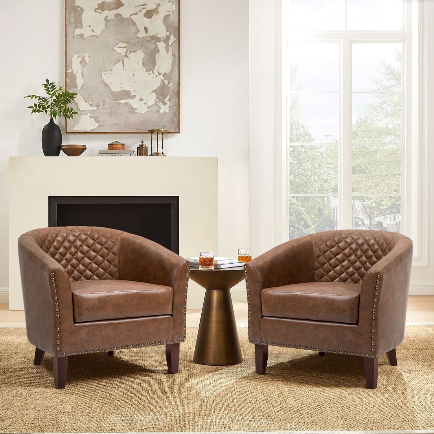 Lot de 2 chaises d'appoint tonneau en cuir vegan de 29 W avec garniture cloutée