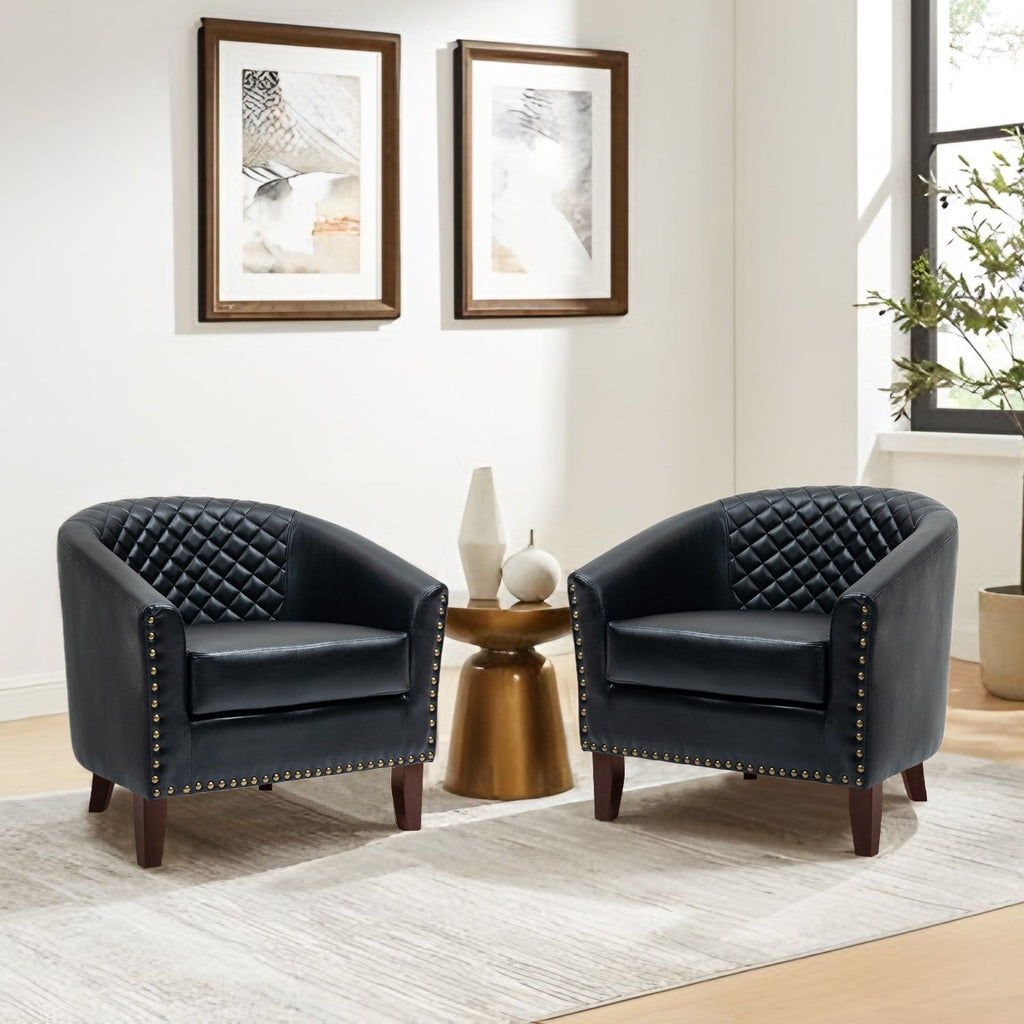 Lot de 2 chaises d'appoint tonneau en cuir vegan de 29 W avec garniture cloutée