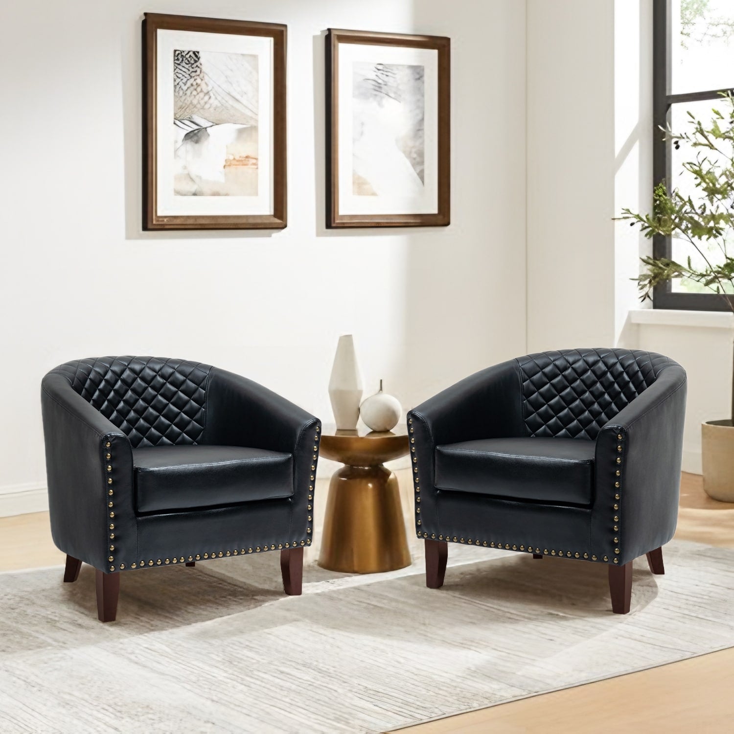 Lot de 2 chaises d'appoint tonneau en cuir vegan de 29 W avec garniture cloutée