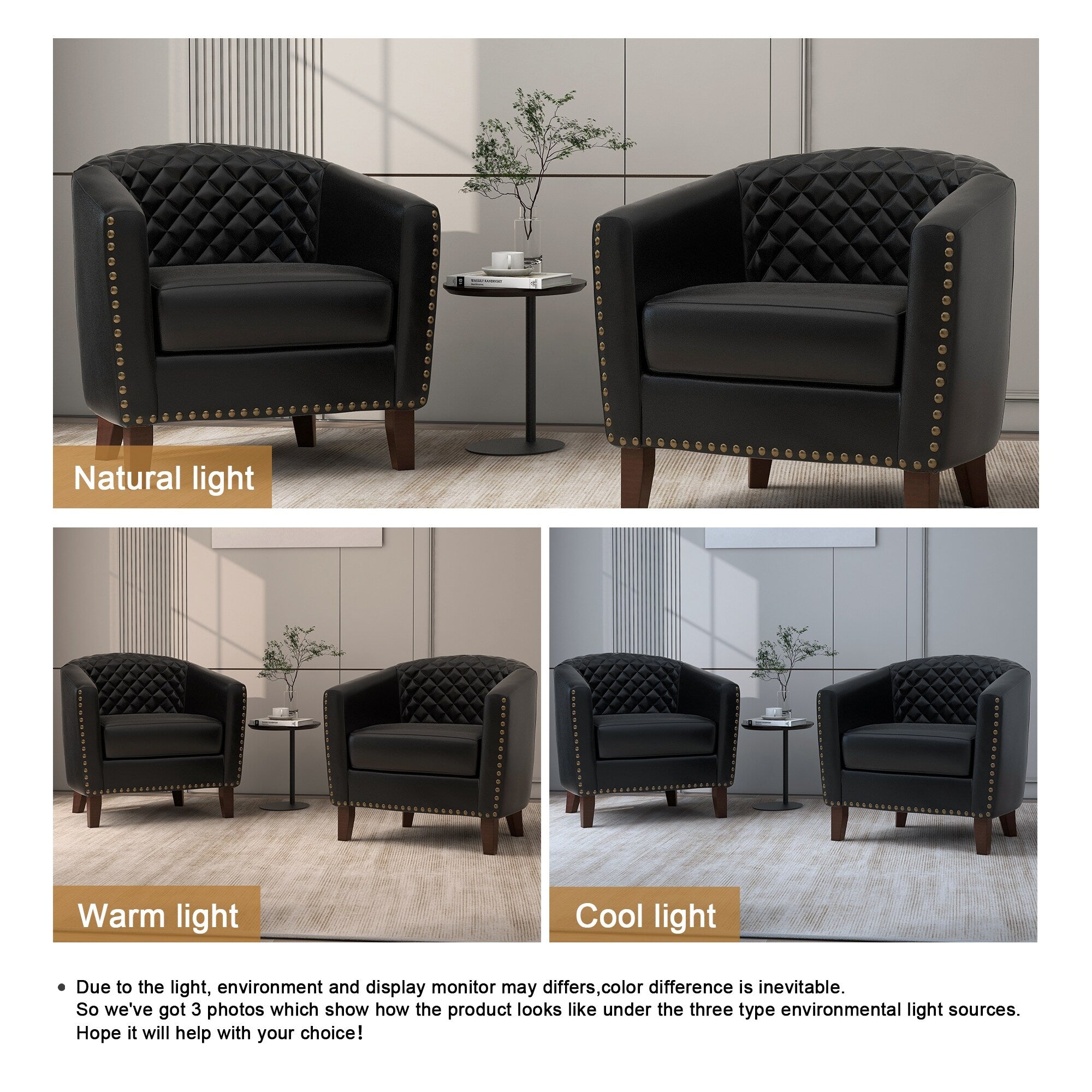 Lot de 2 chaises d'appoint tonneau en cuir vegan de 29 W avec garniture cloutée