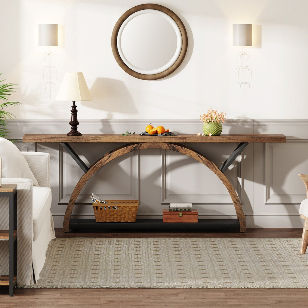 Console étroite à deux niveaux avec cadre semi-circulaire pour entrée, tables d'appoint grises pour couloir