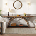 Console étroite à deux niveaux avec cadre semi-circulaire pour entrée, tables d'appoint grises pour couloir