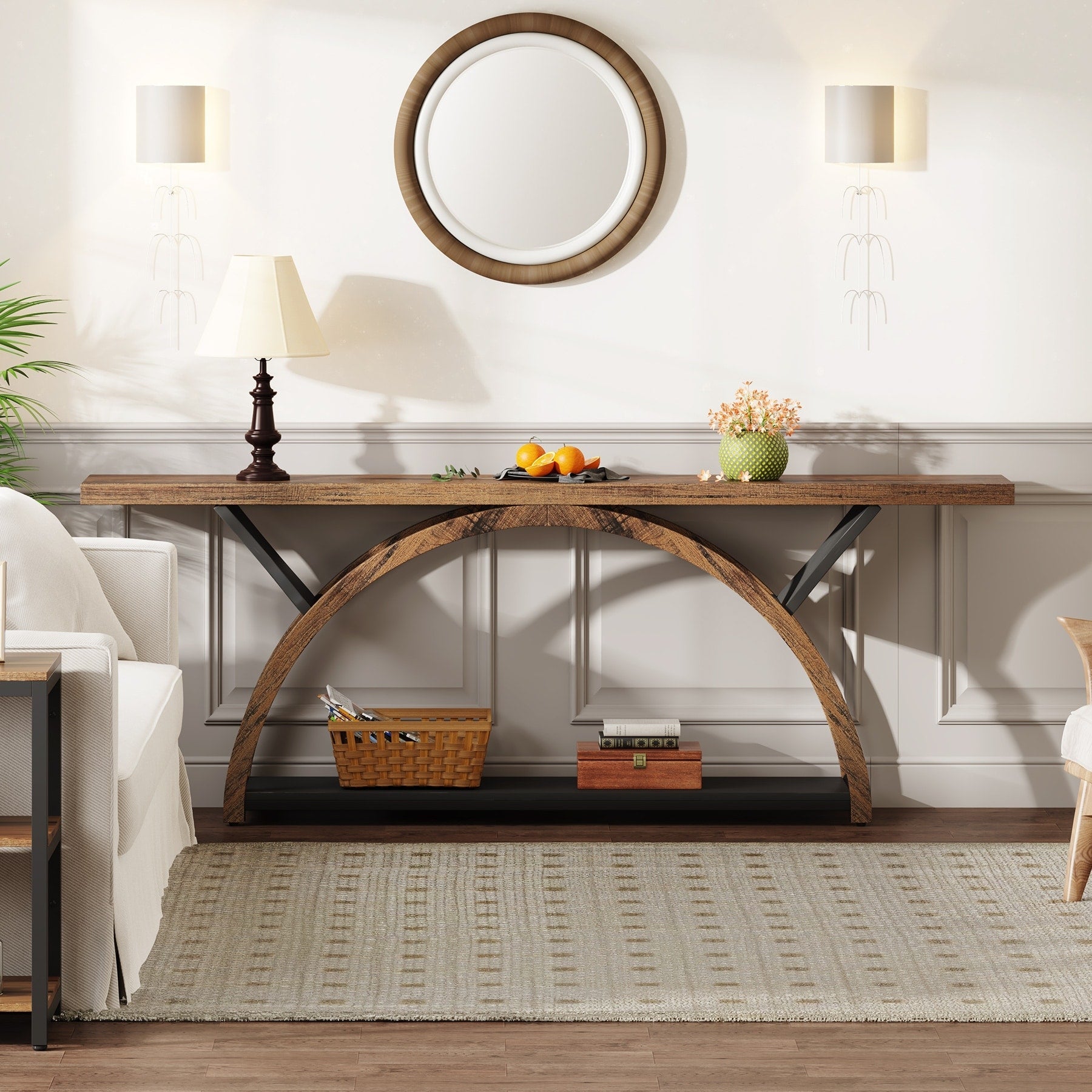 Console étroite à deux niveaux avec cadre semi-circulaire pour entrée, tables d'appoint grises pour couloir
