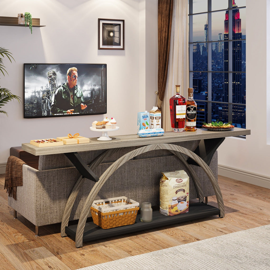 Console étroite à deux niveaux avec cadre semi-circulaire pour entrée, tables d'appoint grises pour couloir