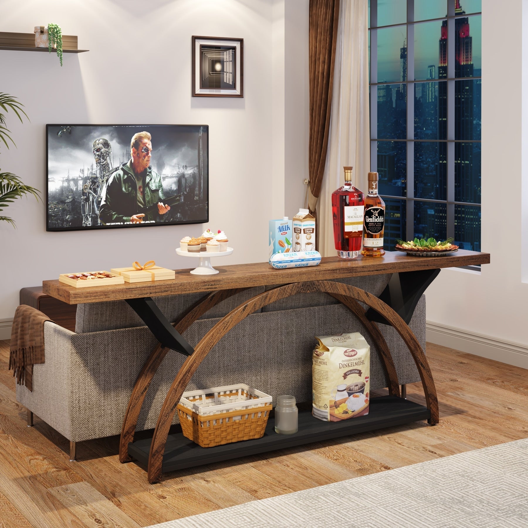 Console étroite à deux niveaux avec cadre semi-circulaire pour entrée, tables d'appoint grises pour couloir