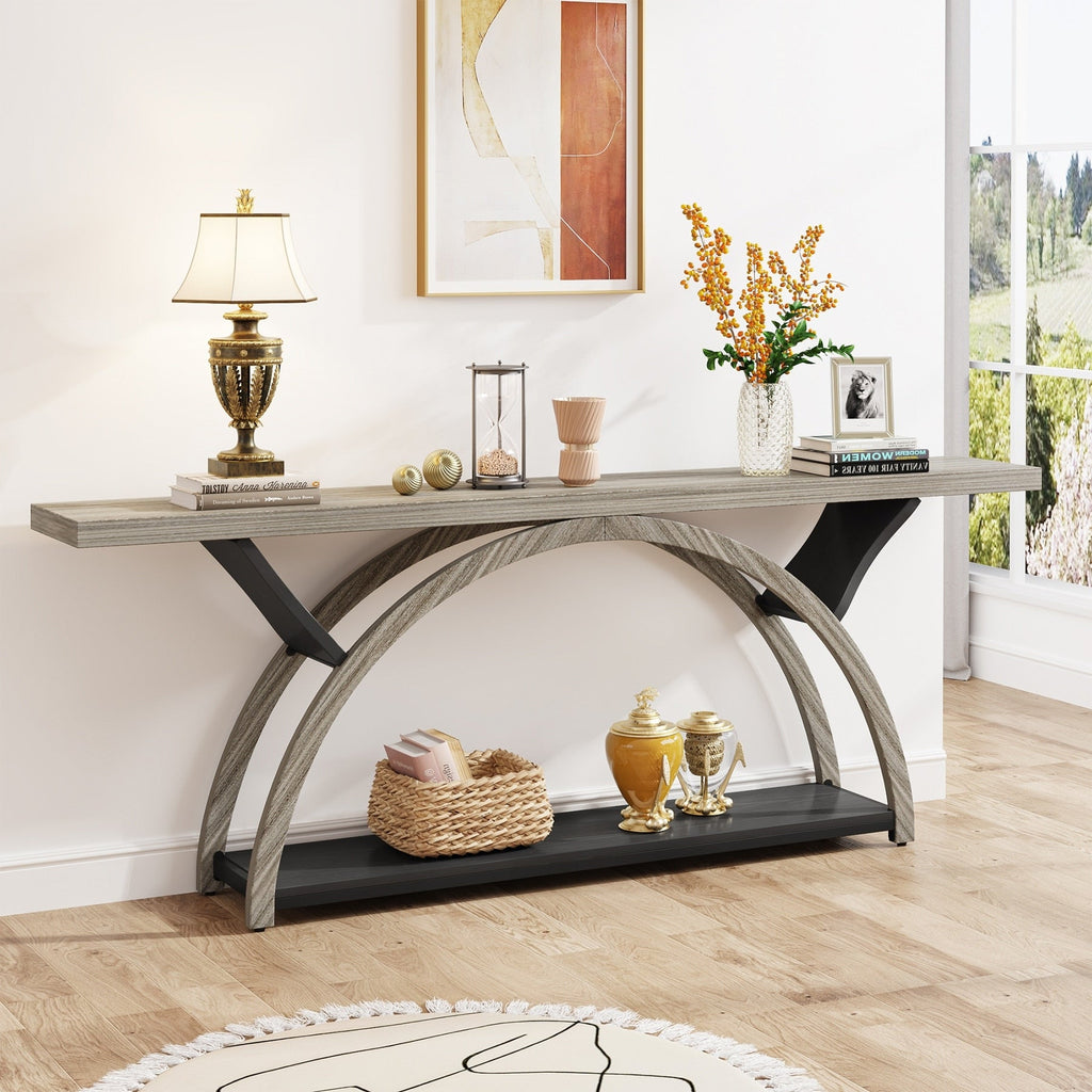 Console étroite à deux niveaux avec cadre semi-circulaire pour entrée, tables d'appoint grises pour couloir