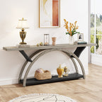 Console étroite à deux niveaux avec cadre semi-circulaire pour entrée, tables d'appoint grises pour couloir