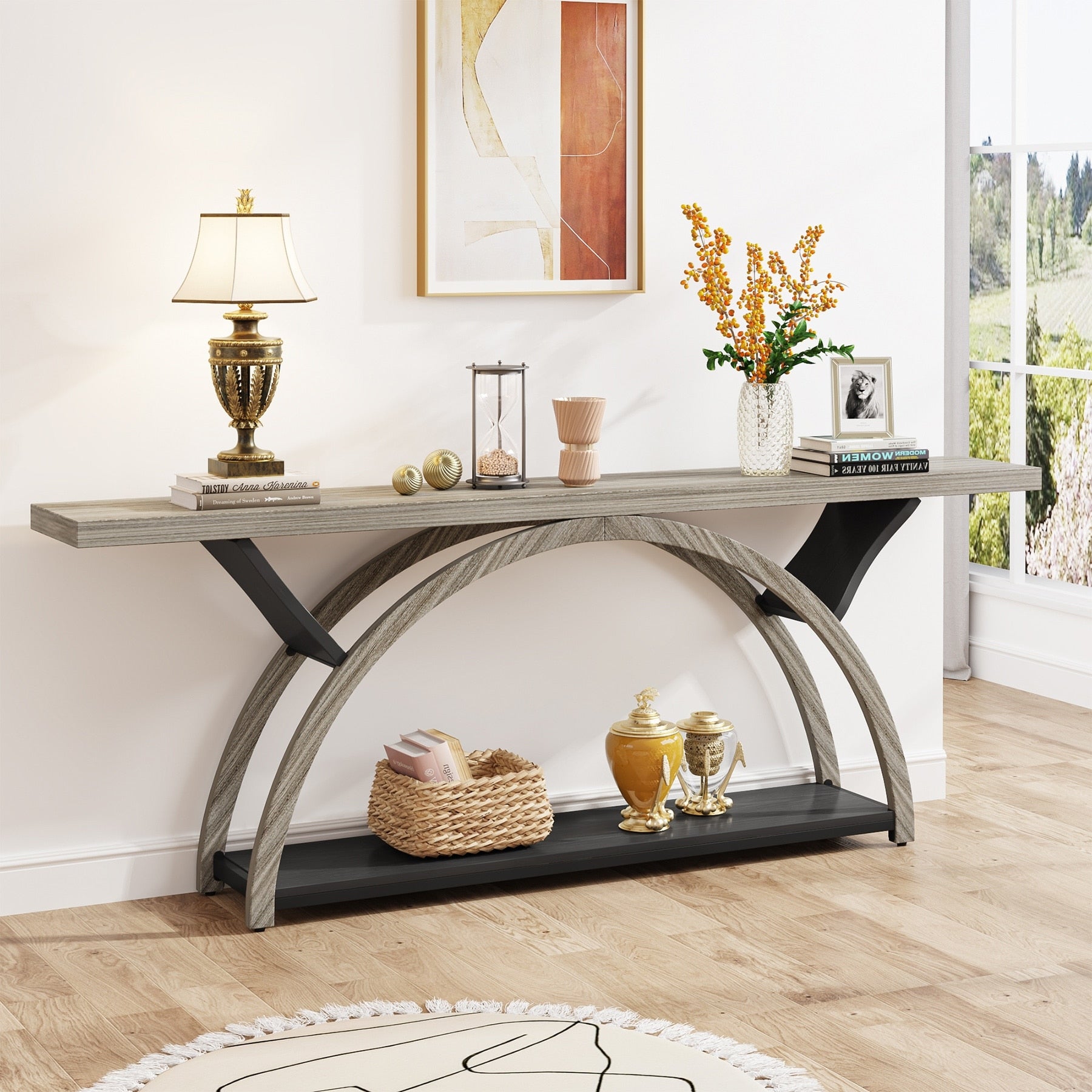 Console étroite à deux niveaux avec cadre semi-circulaire pour entrée, tables d'appoint grises pour couloir