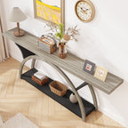 Console étroite à deux niveaux avec cadre semi-circulaire pour entrée, tables d'appoint grises pour couloir