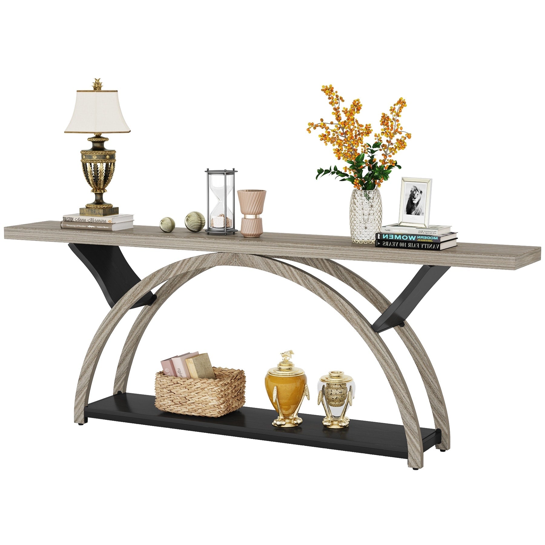 Console étroite à deux niveaux avec cadre semi-circulaire pour entrée, tables d'appoint grises pour couloir