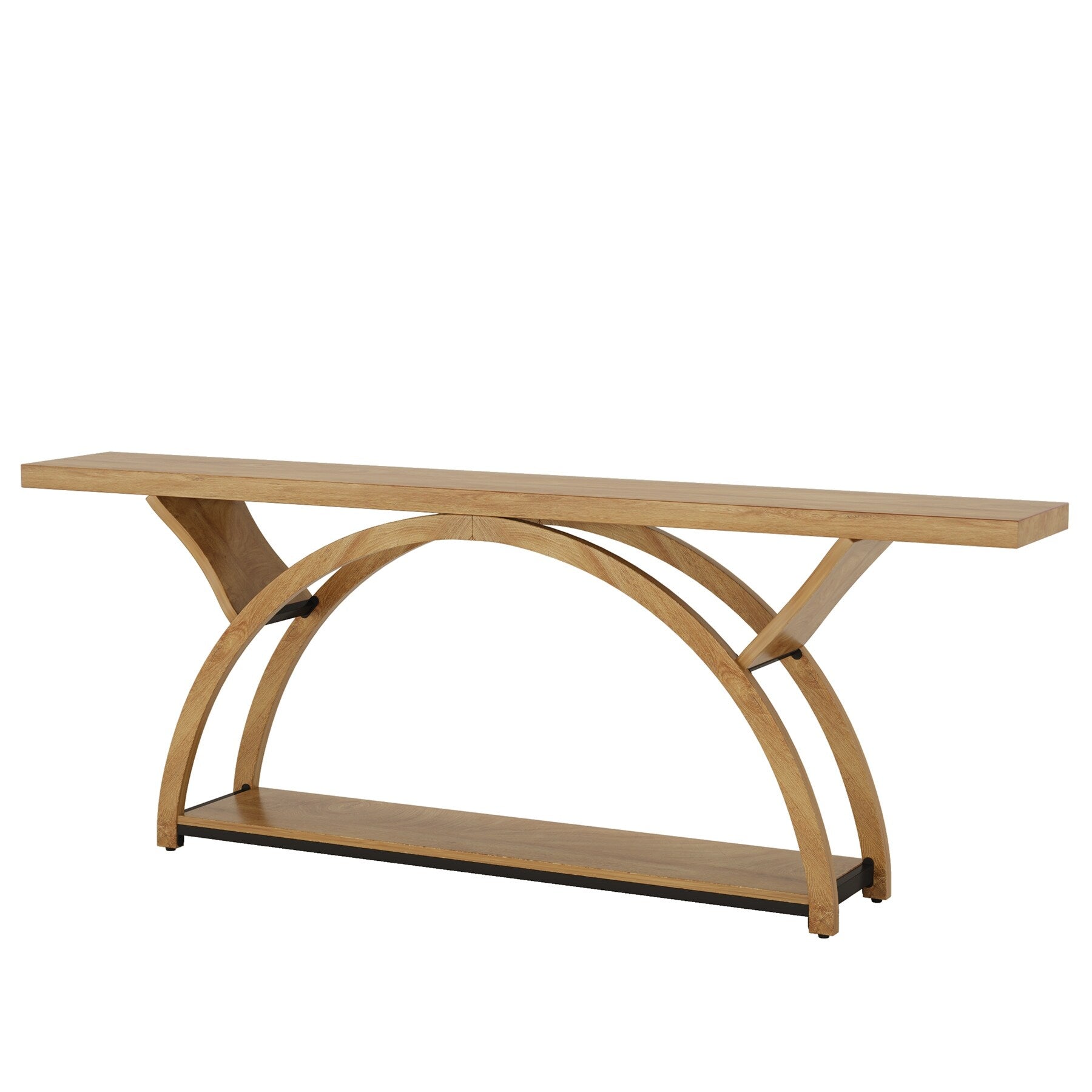 Console étroite à deux niveaux avec cadre semi-circulaire pour entrée, tables d'appoint grises pour couloir