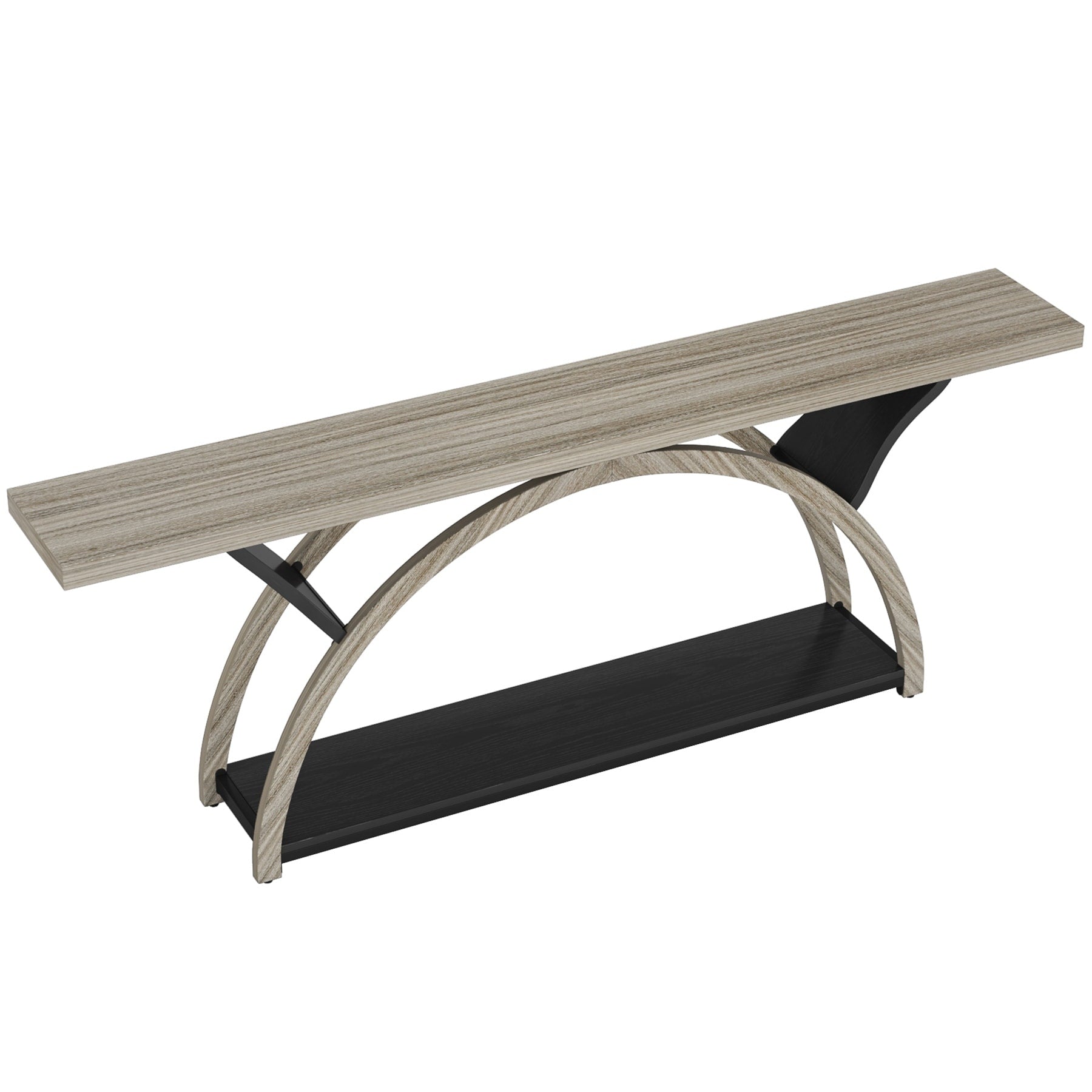 Console étroite à deux niveaux avec cadre semi-circulaire pour entrée, tables d'appoint grises pour couloir