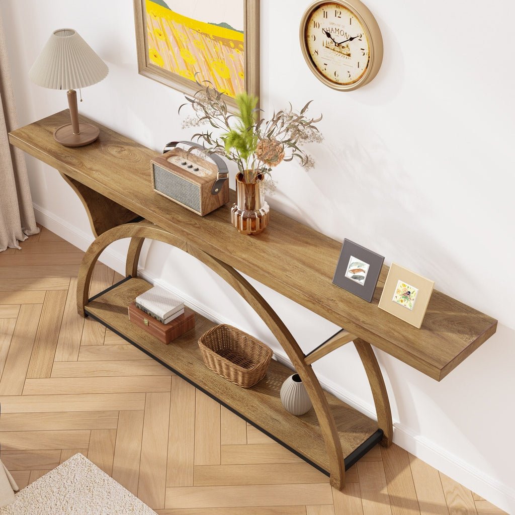 Console étroite à deux niveaux avec cadre semi-circulaire pour entrée, tables d'appoint grises pour couloir