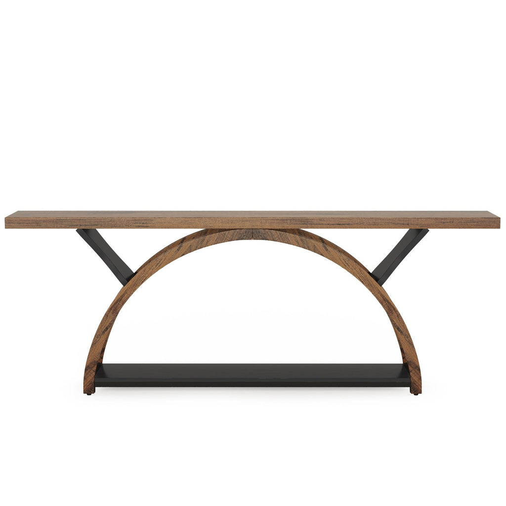 Console étroite à deux niveaux avec cadre semi-circulaire pour entrée, tables d'appoint grises pour couloir