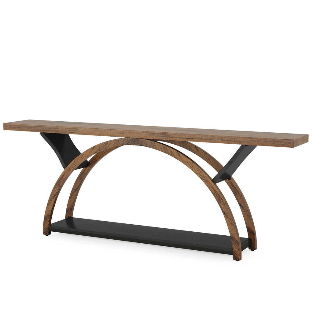 Console étroite à deux niveaux avec cadre semi-circulaire pour entrée, tables d'appoint grises pour couloir