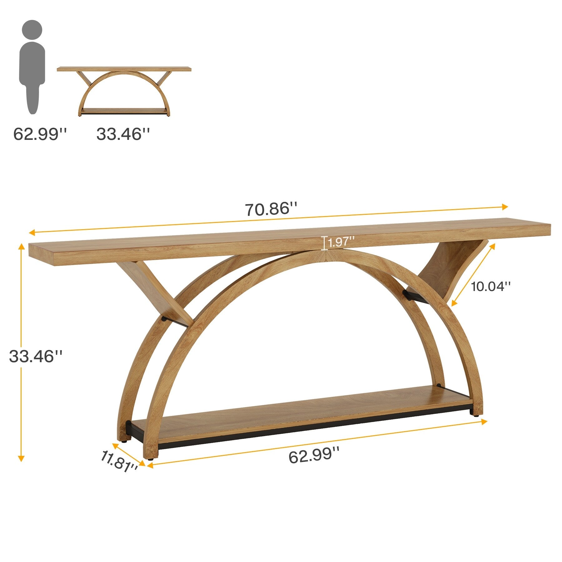 Console étroite à deux niveaux avec cadre semi-circulaire pour entrée, tables d'appoint grises pour couloir