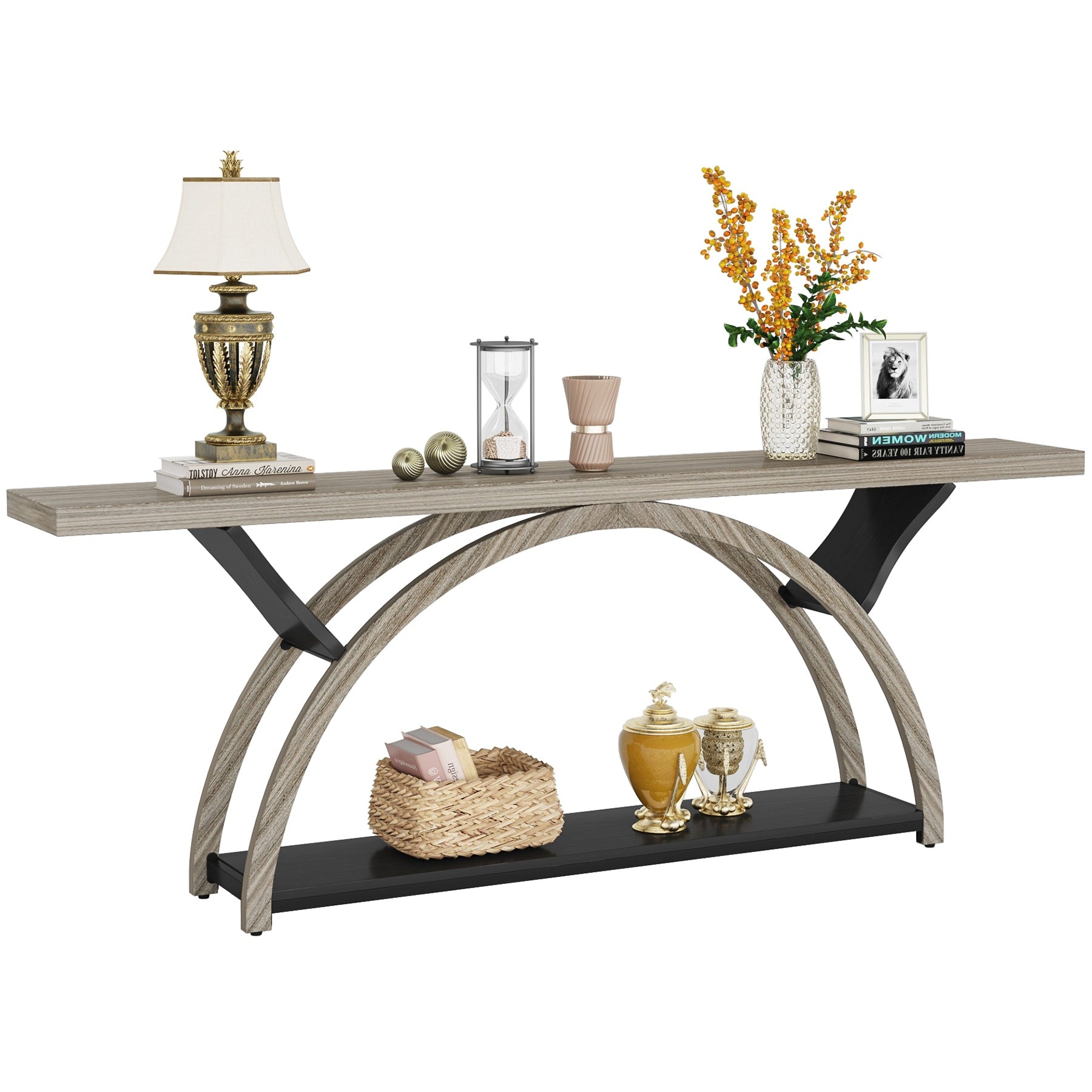 Console étroite à deux niveaux avec cadre semi-circulaire pour entrée, tables d'appoint grises pour couloir