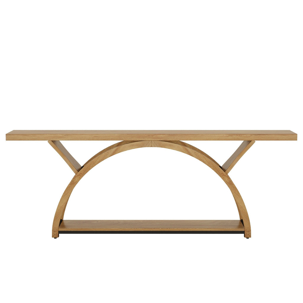 Console étroite à deux niveaux avec cadre semi-circulaire pour entrée, tables d'appoint grises pour couloir