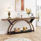 Console étroite à deux niveaux avec cadre semi-circulaire pour entrée, tables d'appoint grises pour couloir
