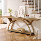 Console étroite à deux niveaux avec cadre semi-circulaire pour entrée, tables d'appoint grises pour couloir