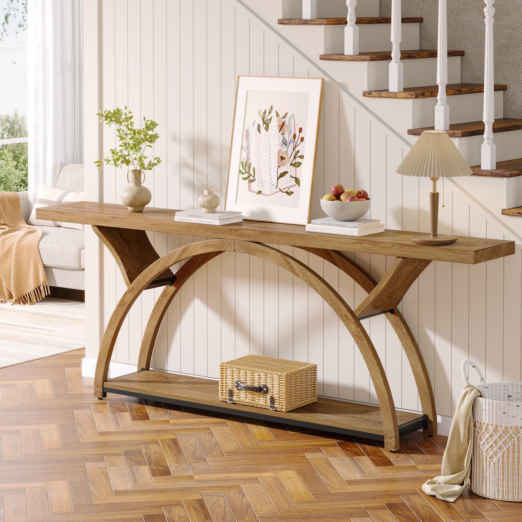 Console étroite à deux niveaux avec cadre semi-circulaire pour entrée, tables d'appoint grises pour couloir